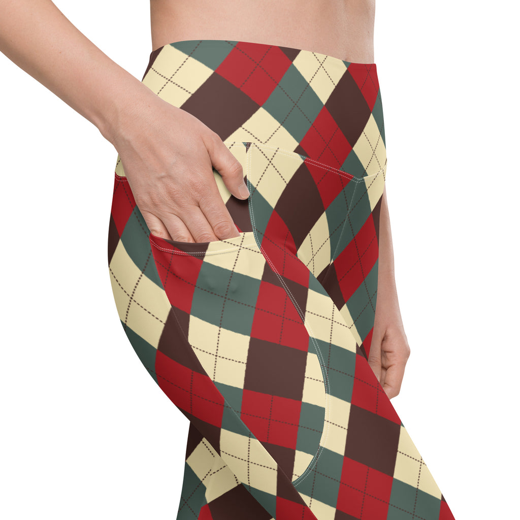 Women’s Vintage Christmas Argyle Yoga Leggings With Pockets – High-Waisted, Soft Compression Active Pants