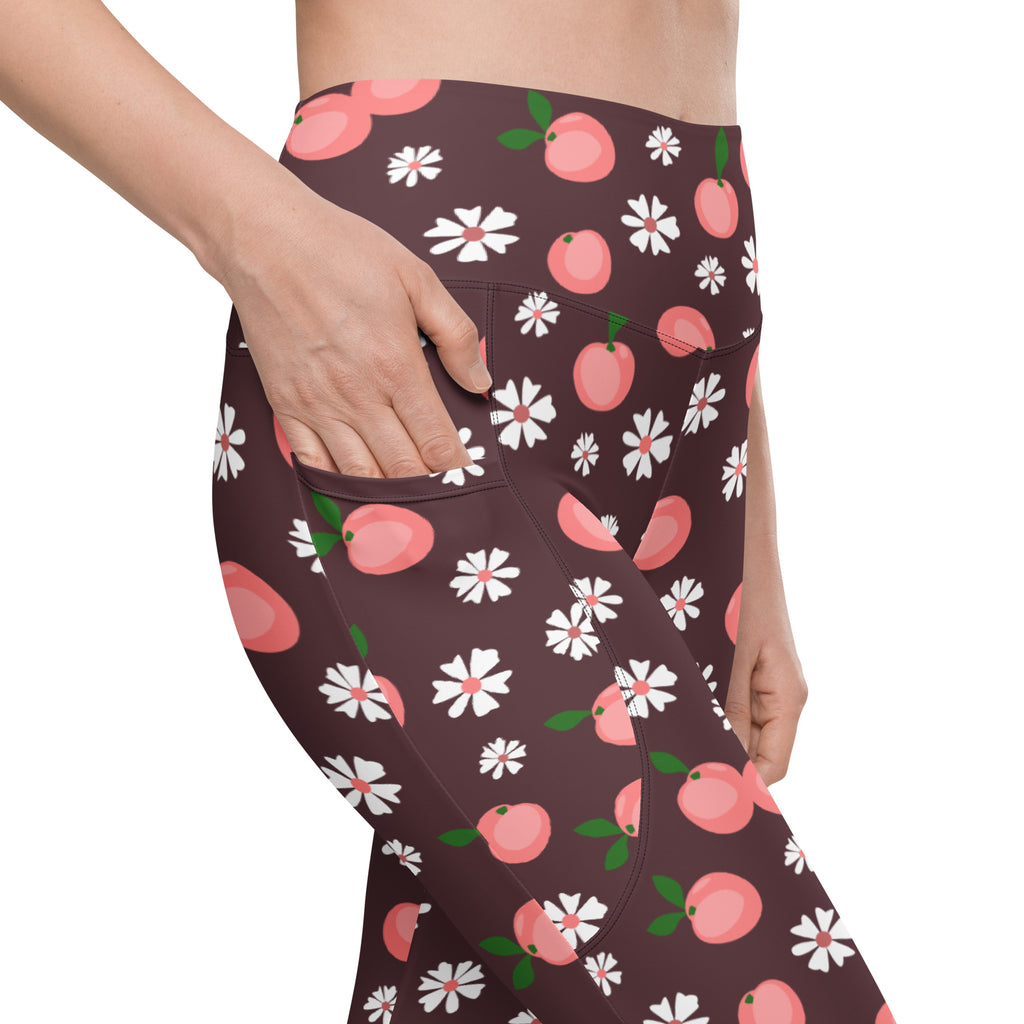 Women’s Peach & Daisy Yoga Leggings With Pockets – High-Waisted, Soft Compression Active Pants
