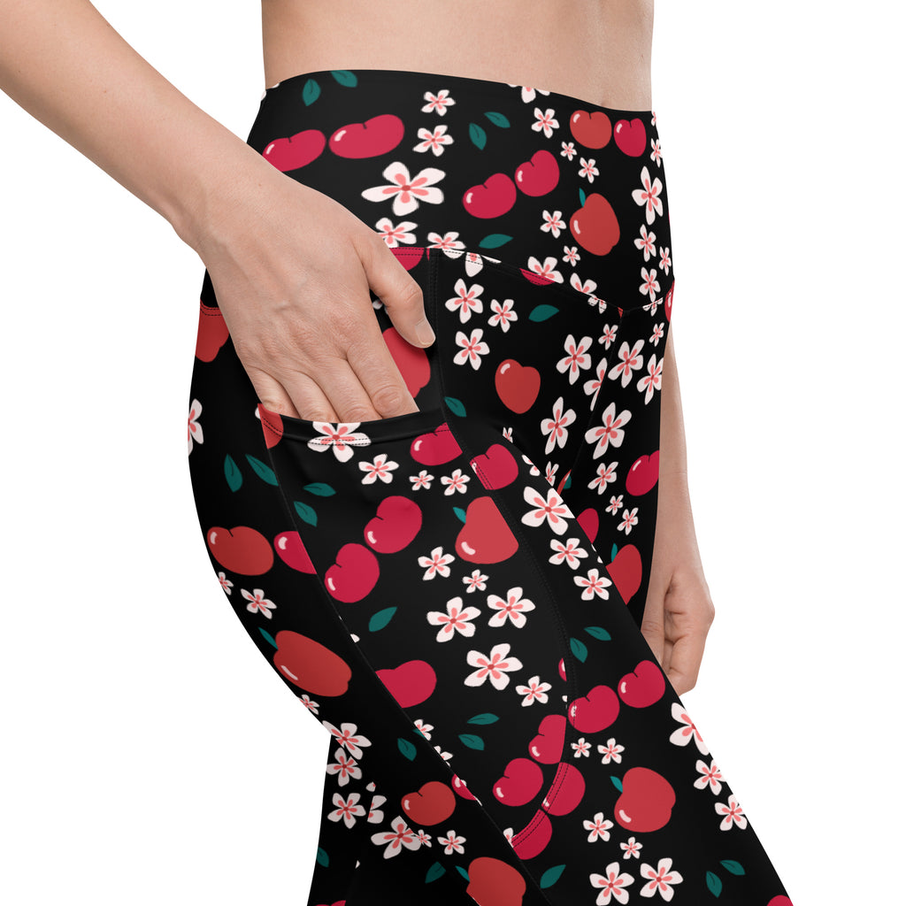Women’s Apple & Cherry Blossom Yoga Leggings With Pockets – High-Waisted, Soft Compression Active Pants