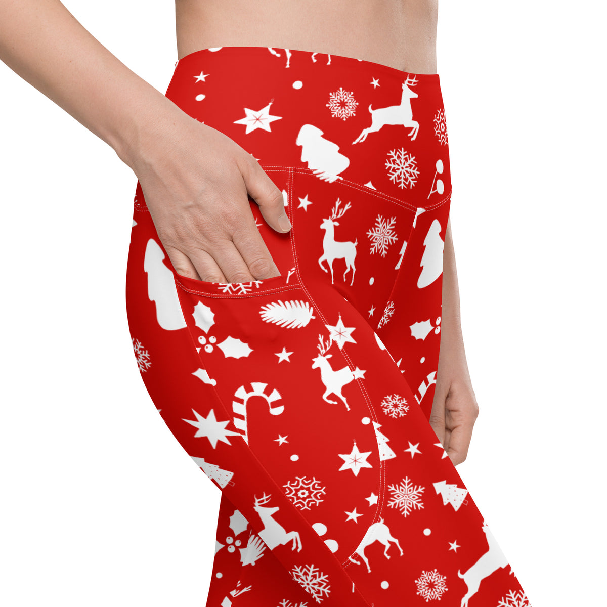 Women’s Red Christmas Yoga Leggings With Pockets – High-Waisted, Soft Compression Active Pants