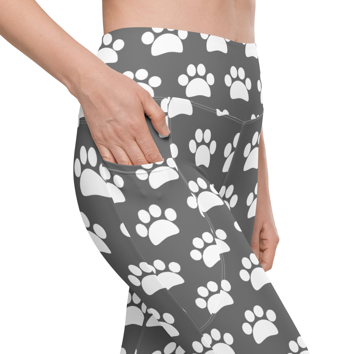 Women’s Gray Paw Print Yoga Leggings With Pockets – High-Waisted, Soft Compression Active Pants