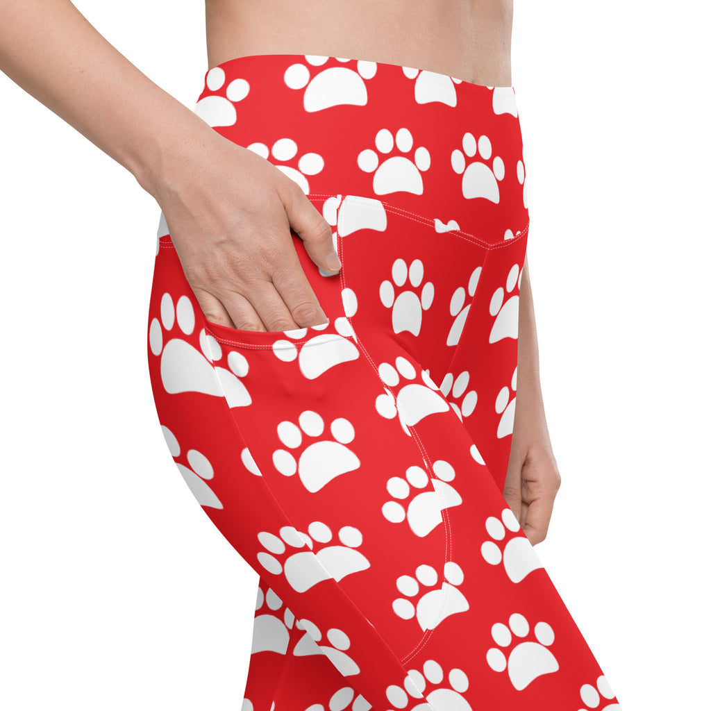 Women’s Red Paw Print Yoga Leggings With Pockets – High-Waisted, Soft Compression Active Pants