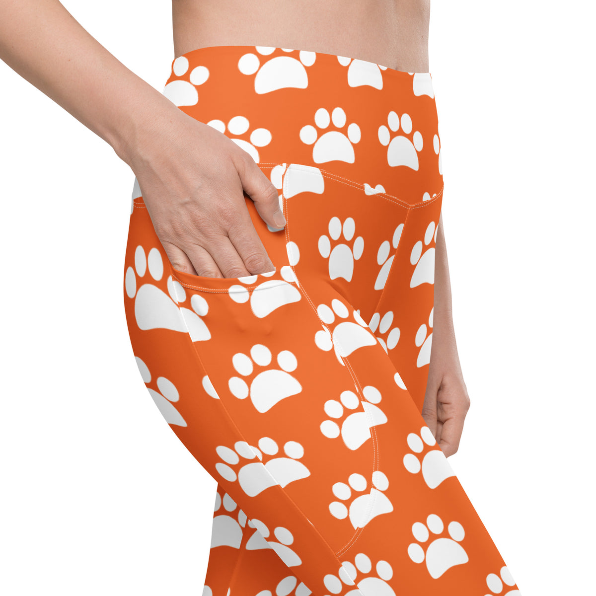 Women’s Orange Paw Print Yoga Leggings With Pockets – High-Waisted, Soft Compression Active Pants