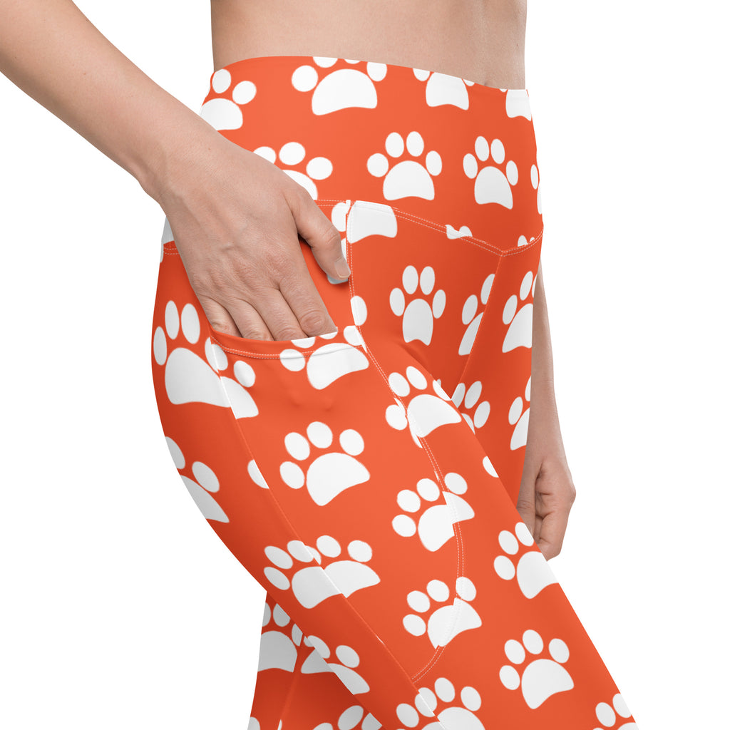 Women’s Bright Orange Paw Print Yoga Leggings With Pockets – High-Waisted, Soft Compression Active Pants