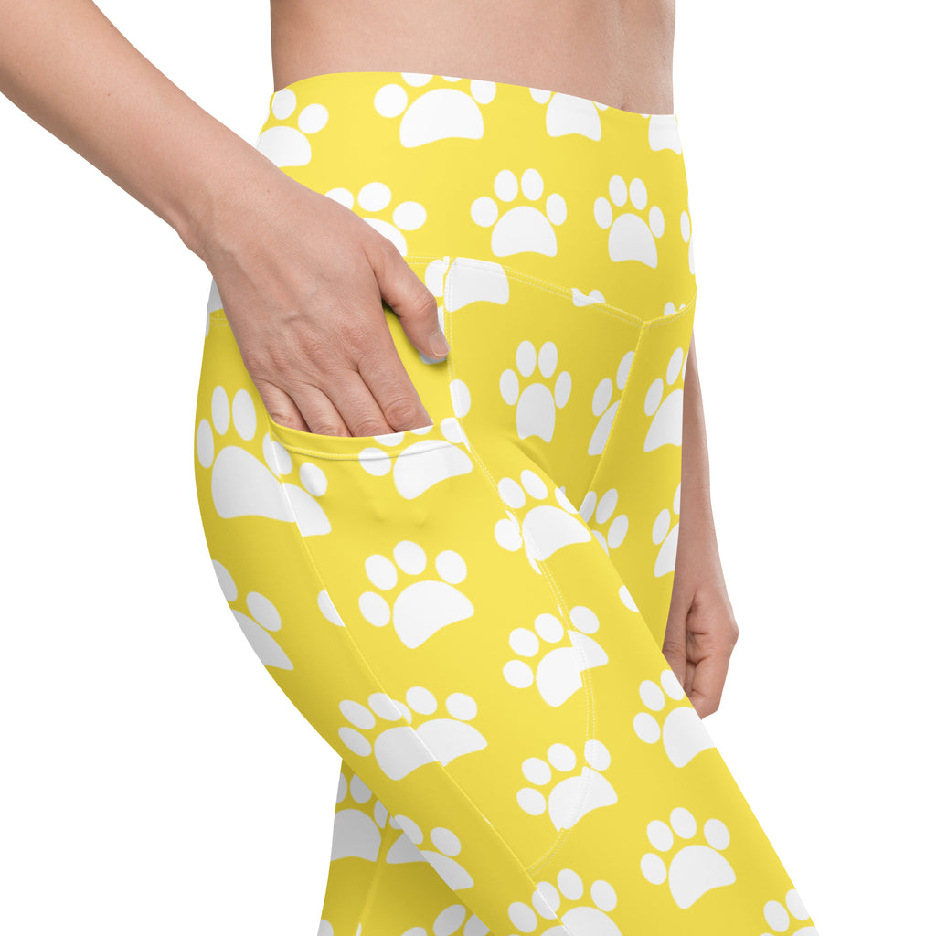 Women’s Yellow Paw Print Yoga Leggings With Pockets – High-Waisted, Soft Compression Active Pants