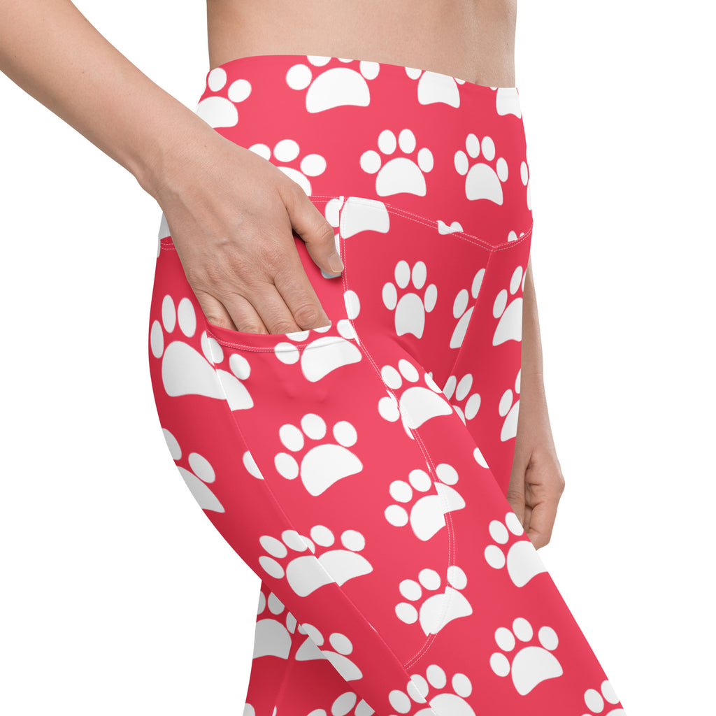 Women’s Bright Pink Paw Print Yoga Leggings With Pockets – High-Waisted, Soft Compression Active Pants