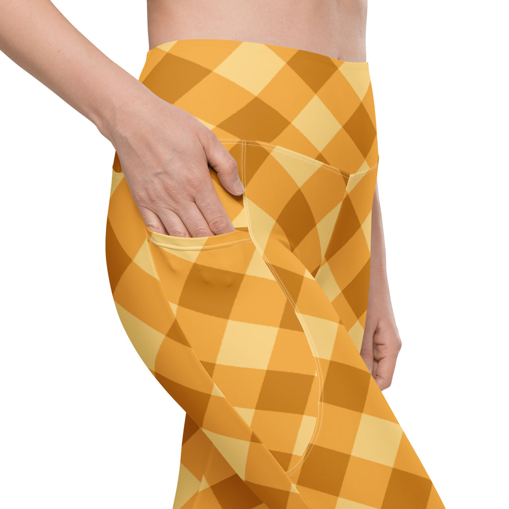 Women’s Mustard Yellow Plaid Yoga Leggings With Pockets – High-Waisted, Soft Compression Active Pants