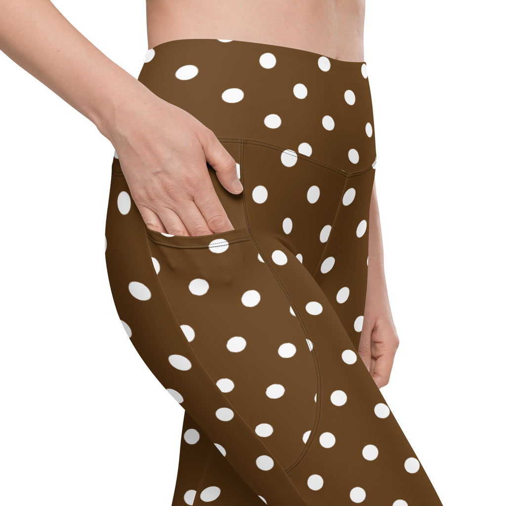 Women’s Brown Polka Dot Yoga Leggings With Pockets – High-Waisted, Soft Compression Active Pants