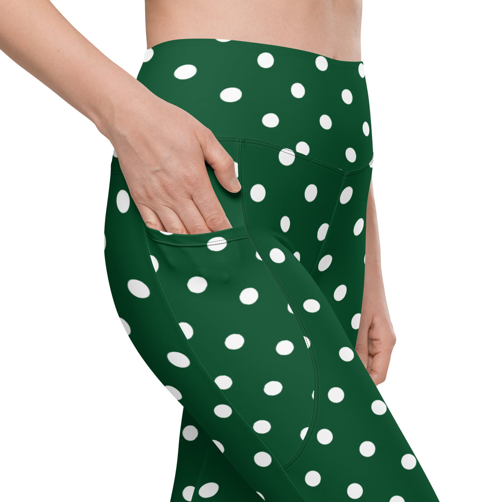 Women’s Forest Green Polka Dot Yoga Leggings With Pockets – High-Waisted, Soft Compression Active Pants