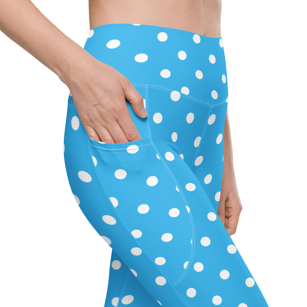Women’s Sky Blue Polka Dot Yoga Leggings With Pockets – High-Waisted, Soft Compression Active Pants