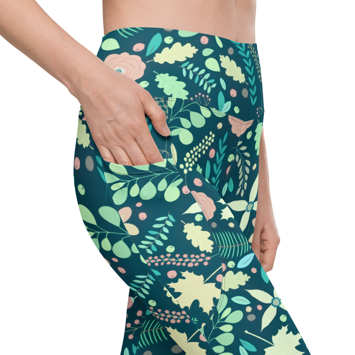 Women’s Green Fall Floral Yoga Leggings With Pockets – High-Waisted, Soft Compression Active Pants