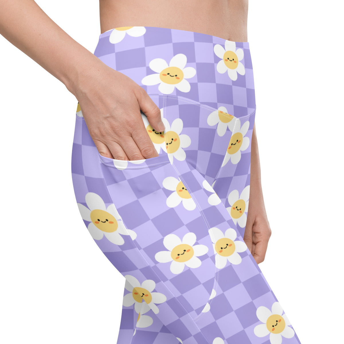 Women’s Purple Daisy Checkered Yoga Leggings With Pockets – High-Waisted, Soft Compression Active Pants