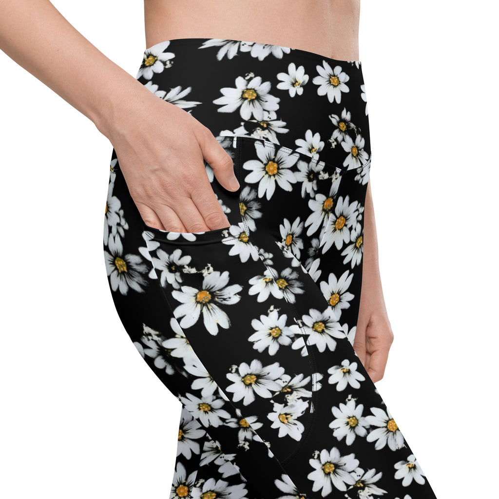 Women’s Black Daisy Yoga Leggings With Pockets – High-Waisted, Soft Compression Active Pants