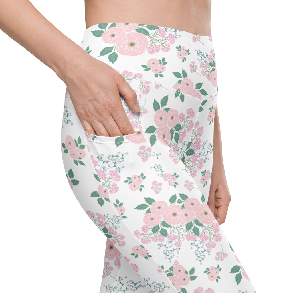 Women’s Pink Flower Yoga Leggings With Pockets – High-Waisted, Soft Compression Active Pants