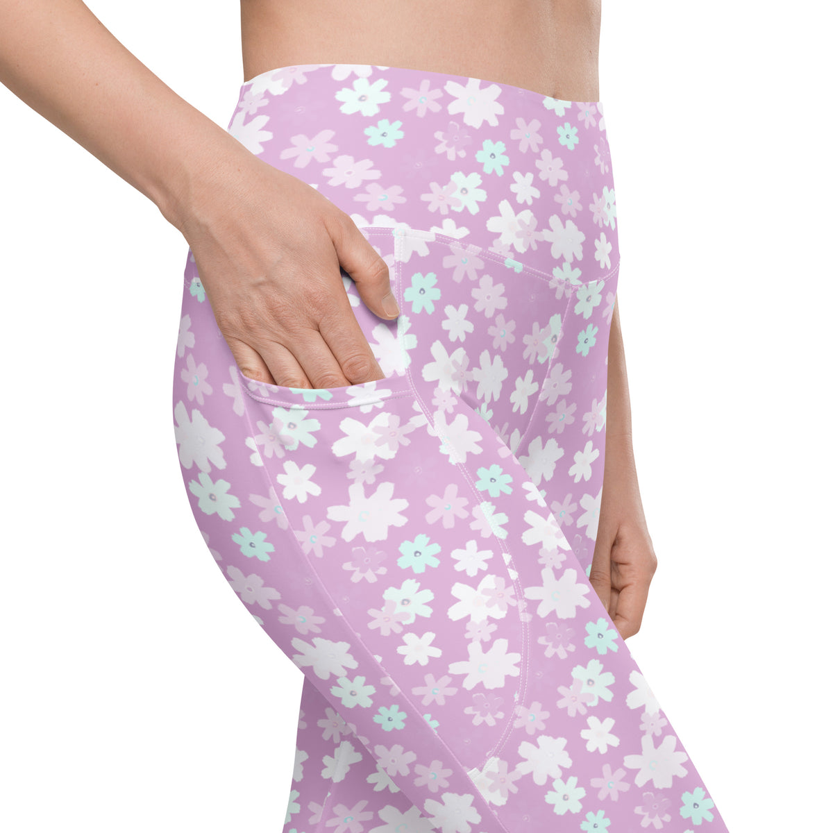 Women’s Pastel Purple Floral Yoga Leggings With Pockets – High-Waisted, Soft Compression Active Pants