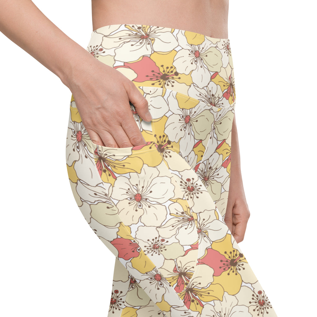 Women’s Yellow Floral Yoga Leggings With Pockets – High-Waisted, Soft Compression Active Pants
