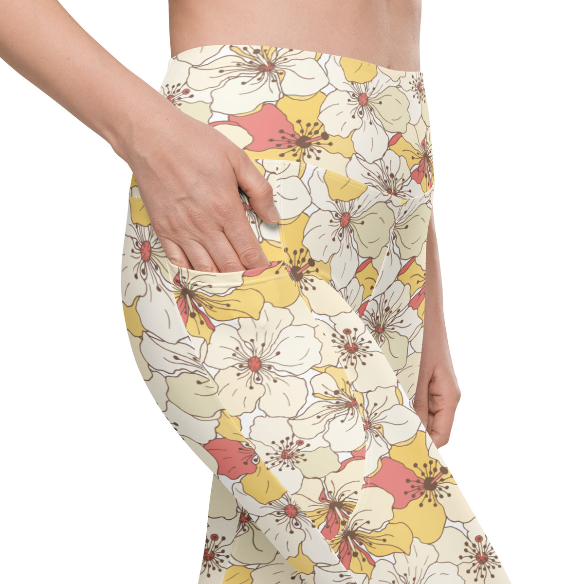 Women’s Yellow Floral Yoga Leggings With Pockets – High-Waisted, Soft Compression Active Pants