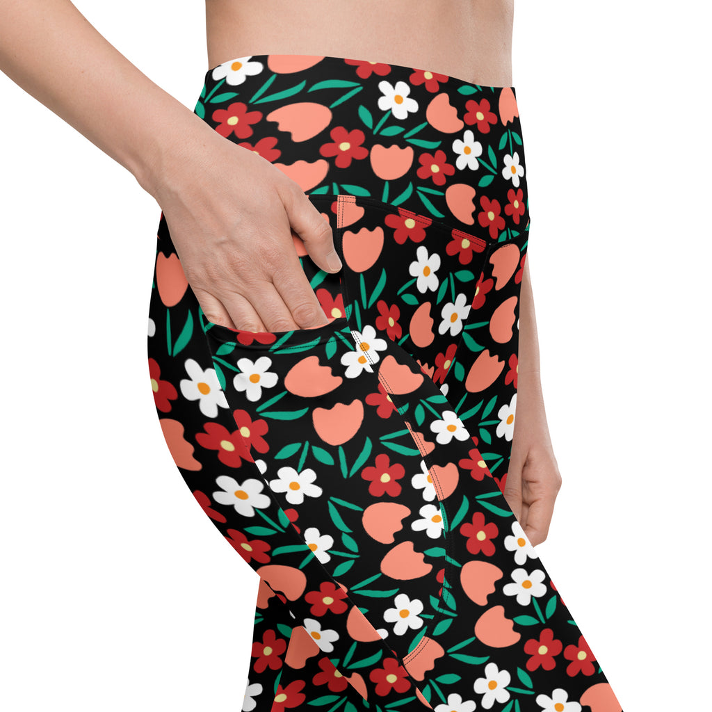Women’s Black Floral Yoga Leggings With Pockets – High-Waisted, Soft Compression Active Pants