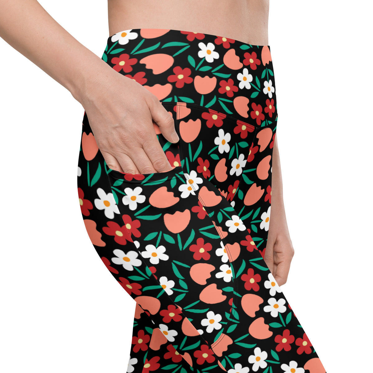 Women’s Black Floral Yoga Leggings With Pockets – High-Waisted, Soft Compression Active Pants