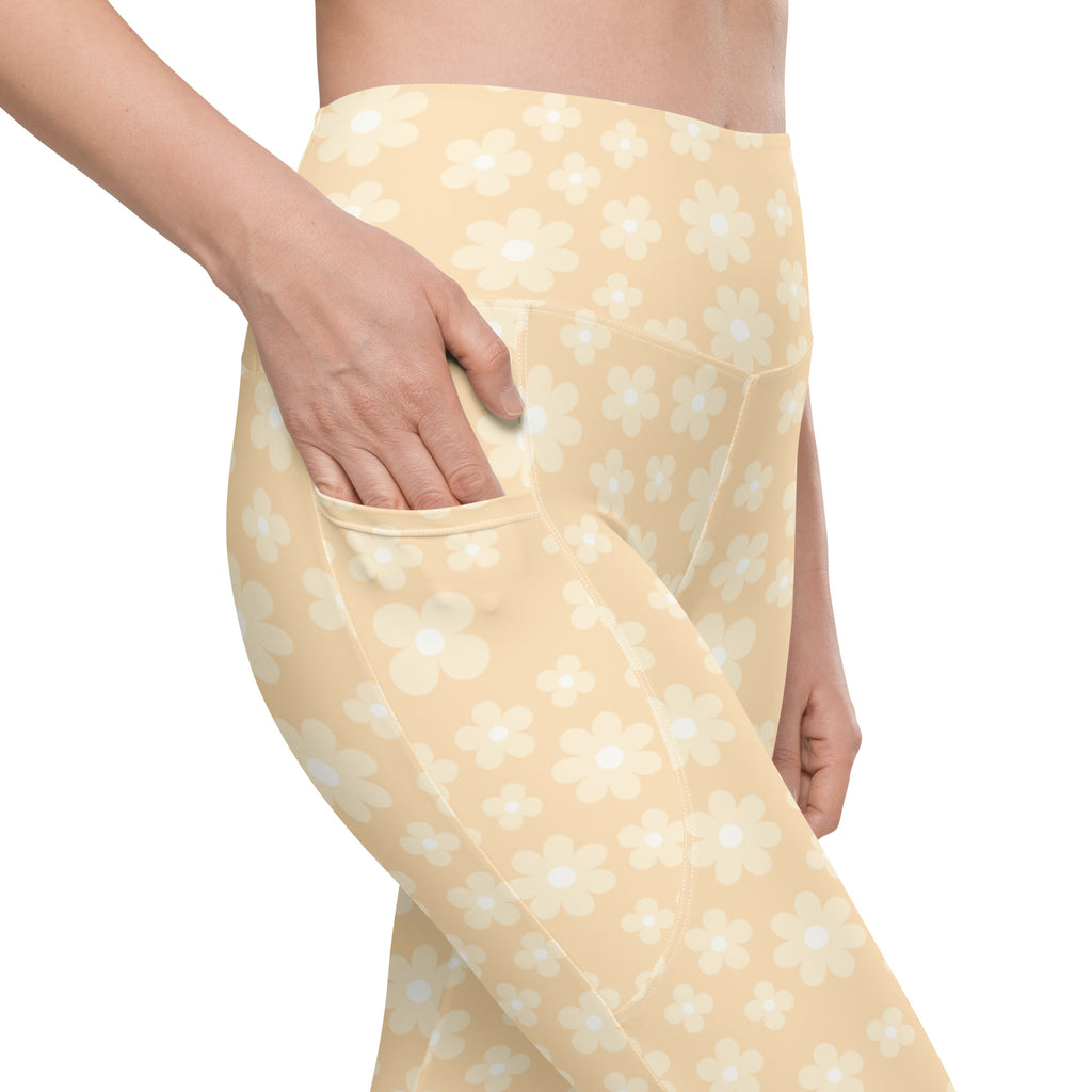 Women’s Light Yellow Daisy Yoga Leggings With Pockets – High-Waisted, Soft Compression Active Pants
