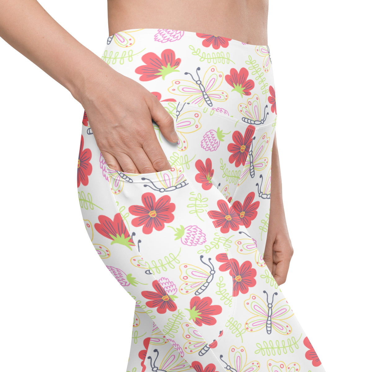 Women’s Butterfly & Floral Yoga Leggings With Pockets – High-Waisted, Soft Compression Active Pants