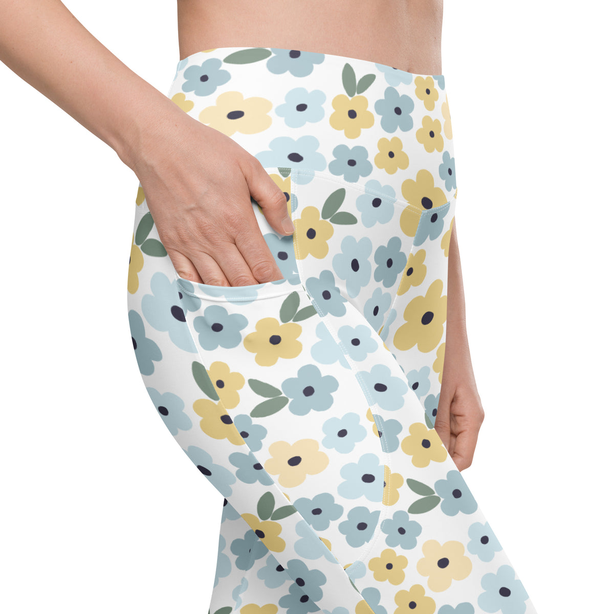 Women’s Blue & Yellow Floral Yoga Leggings With Pockets – High-Waisted, Soft Compression Active Pants