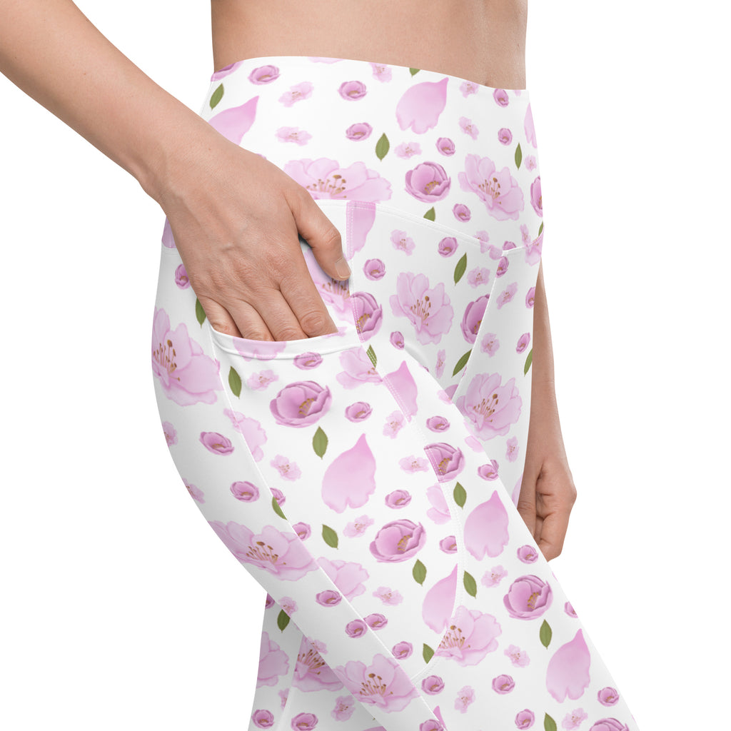 Women’s Pink Watercolor Floral Yoga Leggings With Pockets – High-Waisted, Soft Compression Active Pants