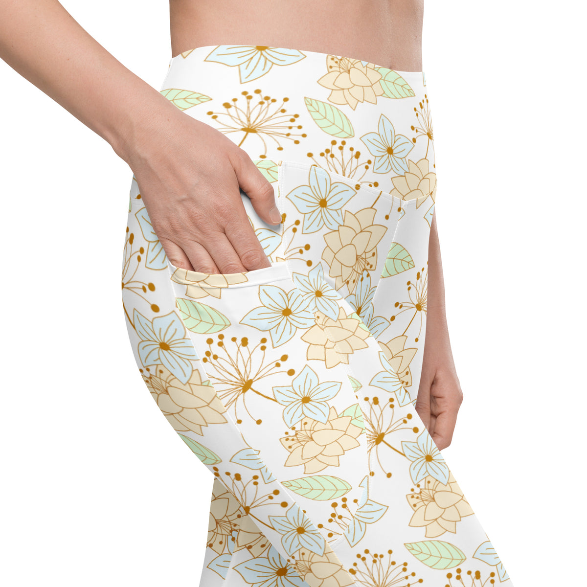 Women’s Pastel Beige Floral Yoga Leggings With Pockets – High-Waisted, Soft Compression Active Pants