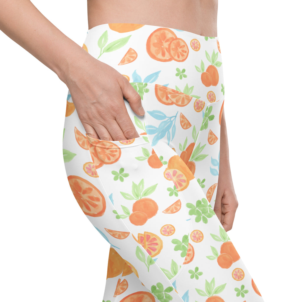 Women’s Watercolor Orange Citrus Yoga Leggings With Pockets – High-Waisted, Soft Compression Active Pants