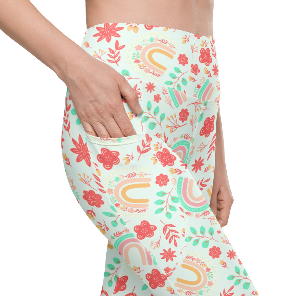 Women’s Boho Rainbow Floral Yoga Leggings With Pockets – High-Waisted, Soft Compression Active Pants