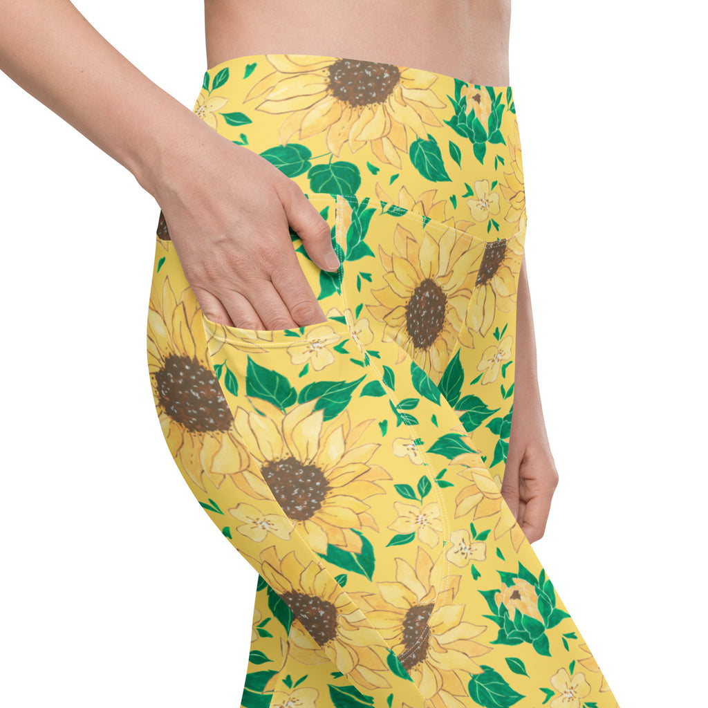 Women’s Watercolor Sunflower Yoga Leggings With Pockets – High-Waisted, Soft Compression Active Pants