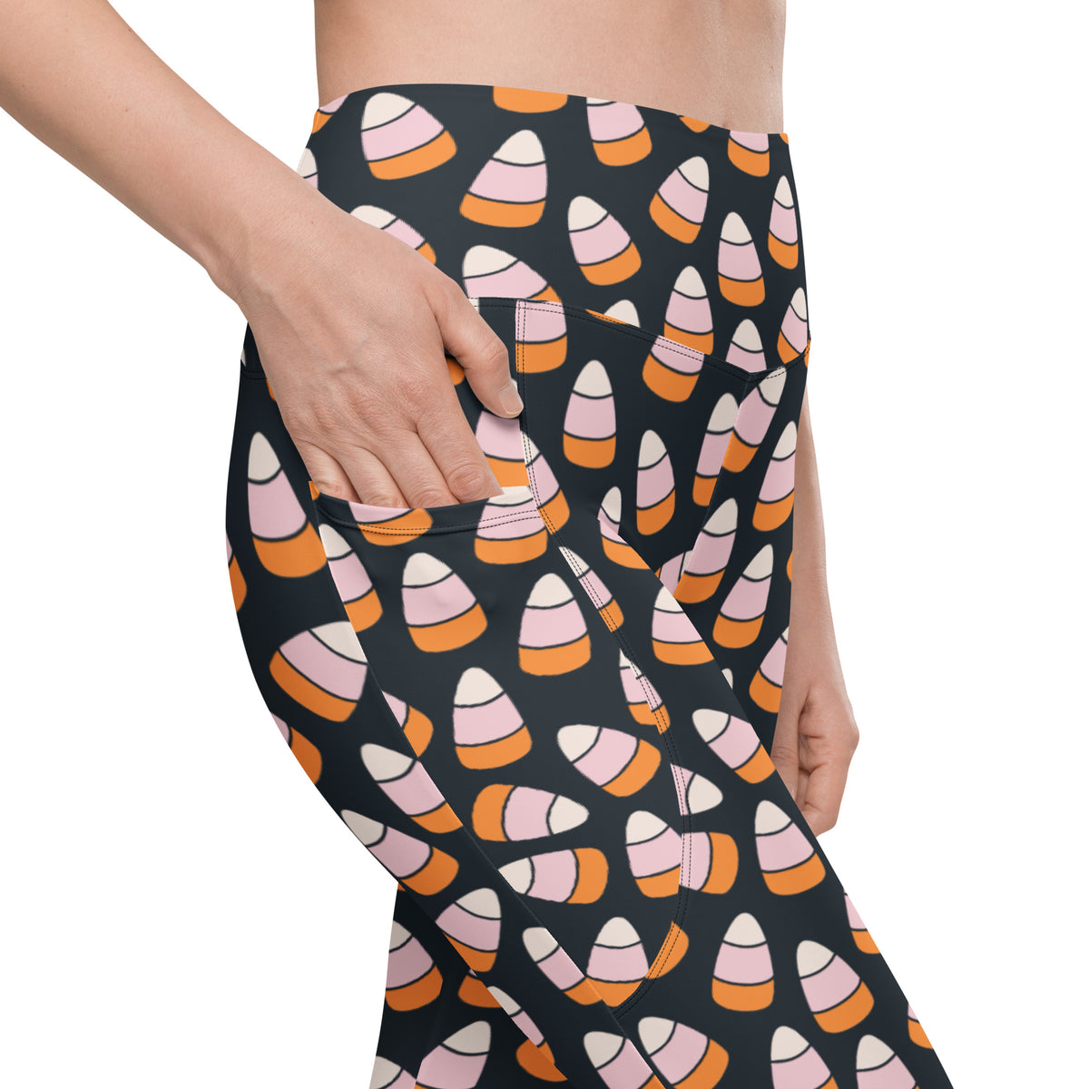 Women’s Pink & Orange Candy Corn Halloween Yoga Leggings With Pockets – High-Waisted, Soft Compression Active Pants