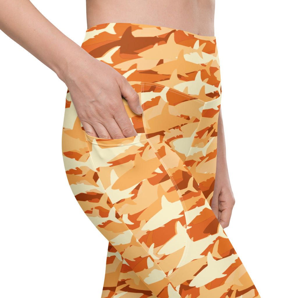 Women’s Orange Shark Camouflage Yoga Leggings With Pockets – High-Waisted, Soft Compression Active Pants