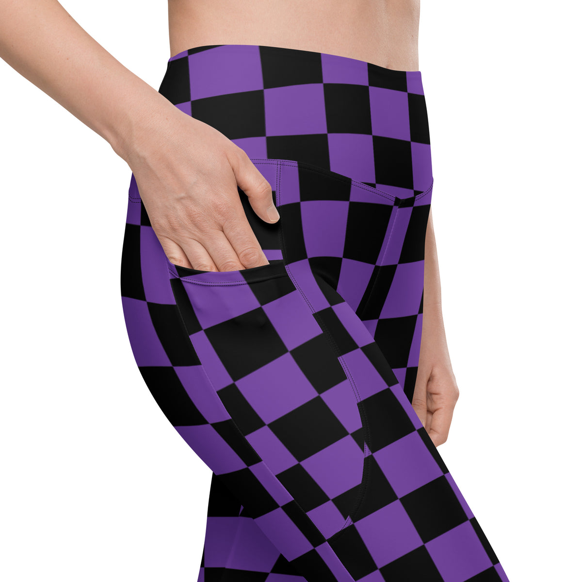 Women’s Purple Checkered Halloween Yoga Leggings With Pockets – High-Waisted, Soft Compression Active Pants