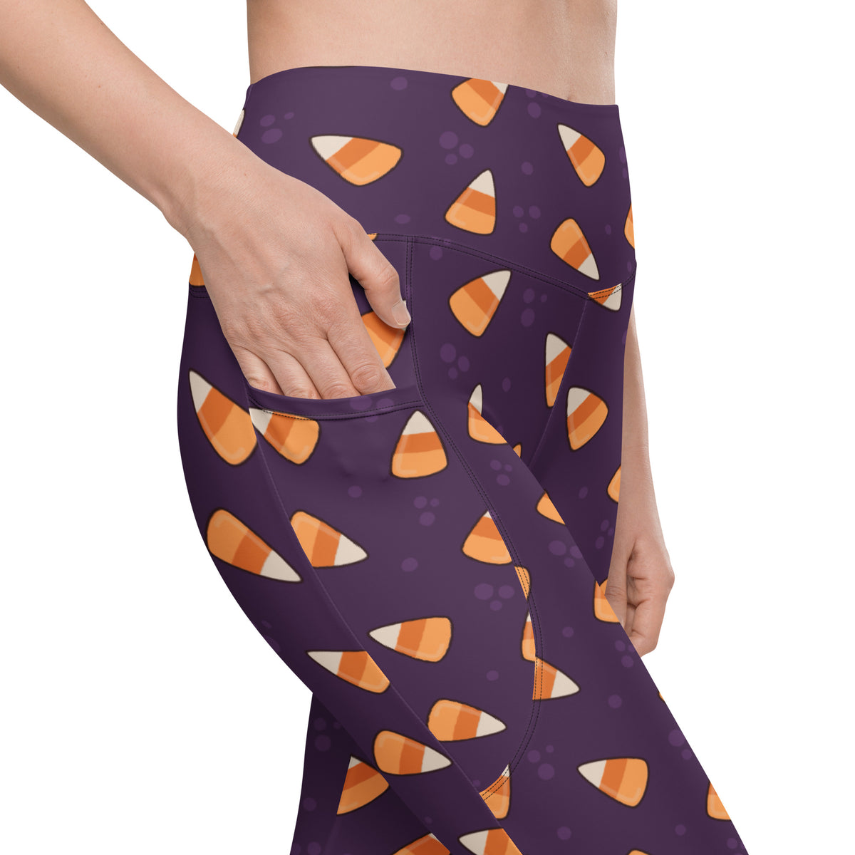Women’s Purple Candy Corn Halloween Yoga Leggings With Pockets – High-Waisted, Soft Compression Active Pants