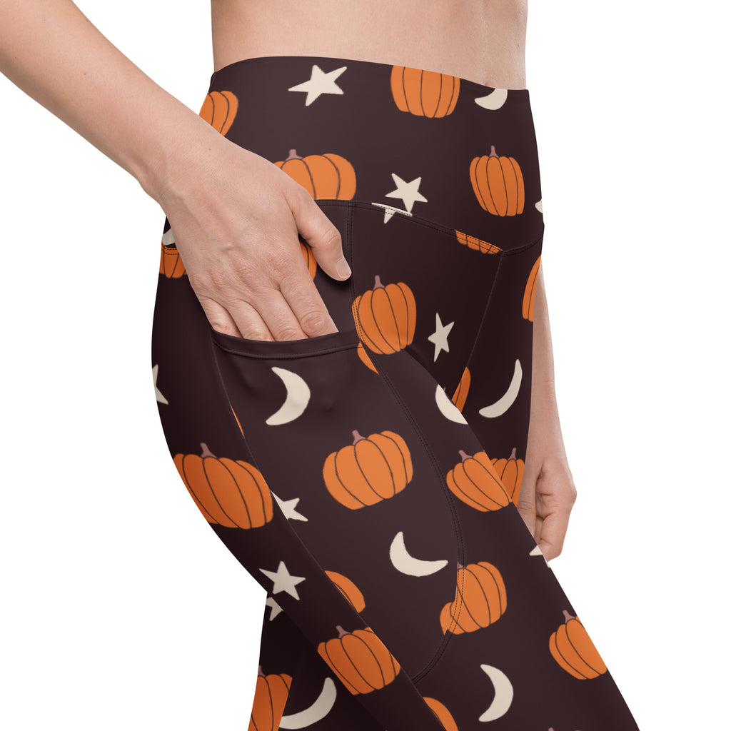 Women’s Orange Pumpkin Moon Halloween Yoga Leggings With Pockets – High-Waisted, Soft Compression Active Pants
