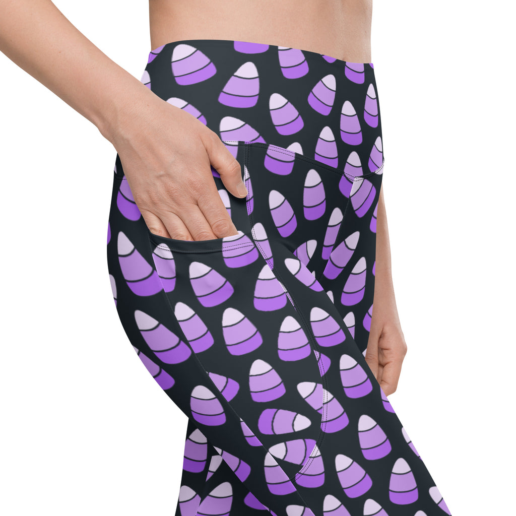 Women’s Purple Candy Corn Halloween Yoga Leggings With Pockets – High-Waisted, Soft Compression Active Pants