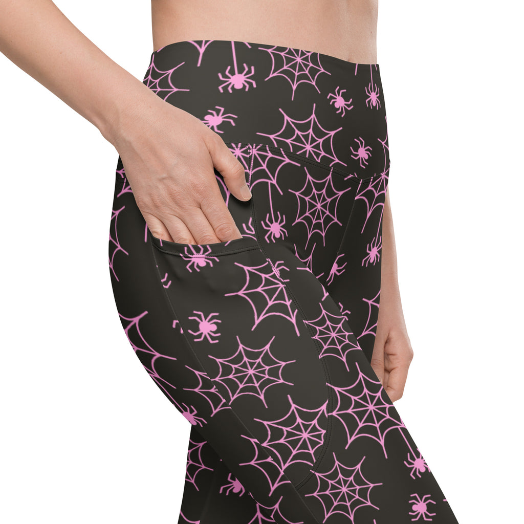 Women’s Pink Spider Web Halloween Yoga Leggings With Pockets – High-Waisted, Soft Compression Active Pants