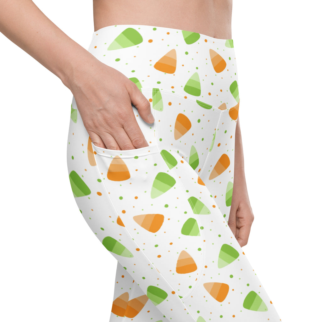 Women’s Orange & Green Candy Cane Halloween Yoga Leggings With Pockets – High-Waisted, Soft Compression Active Pants