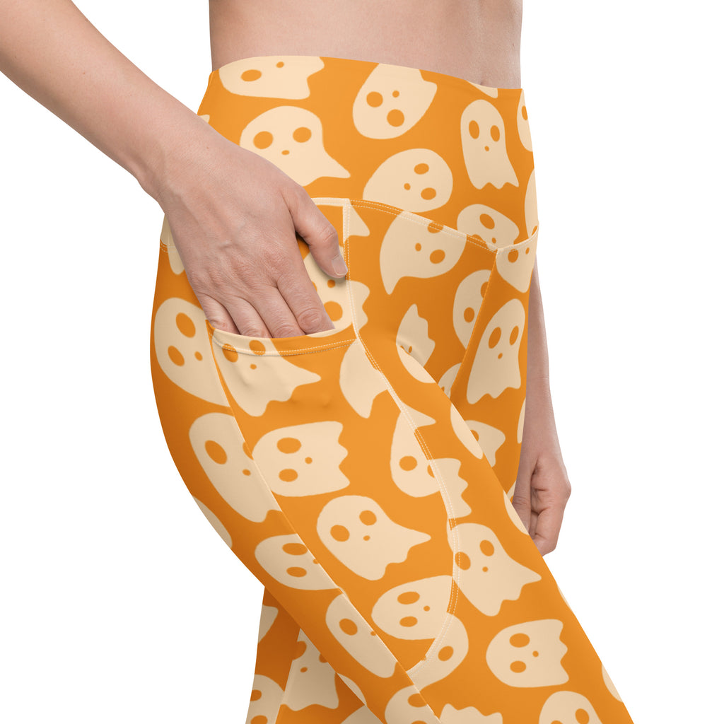 Women’s Orange Ghost Halloween Yoga Leggings With Pockets – High-Waisted, Soft Compression Active Pants