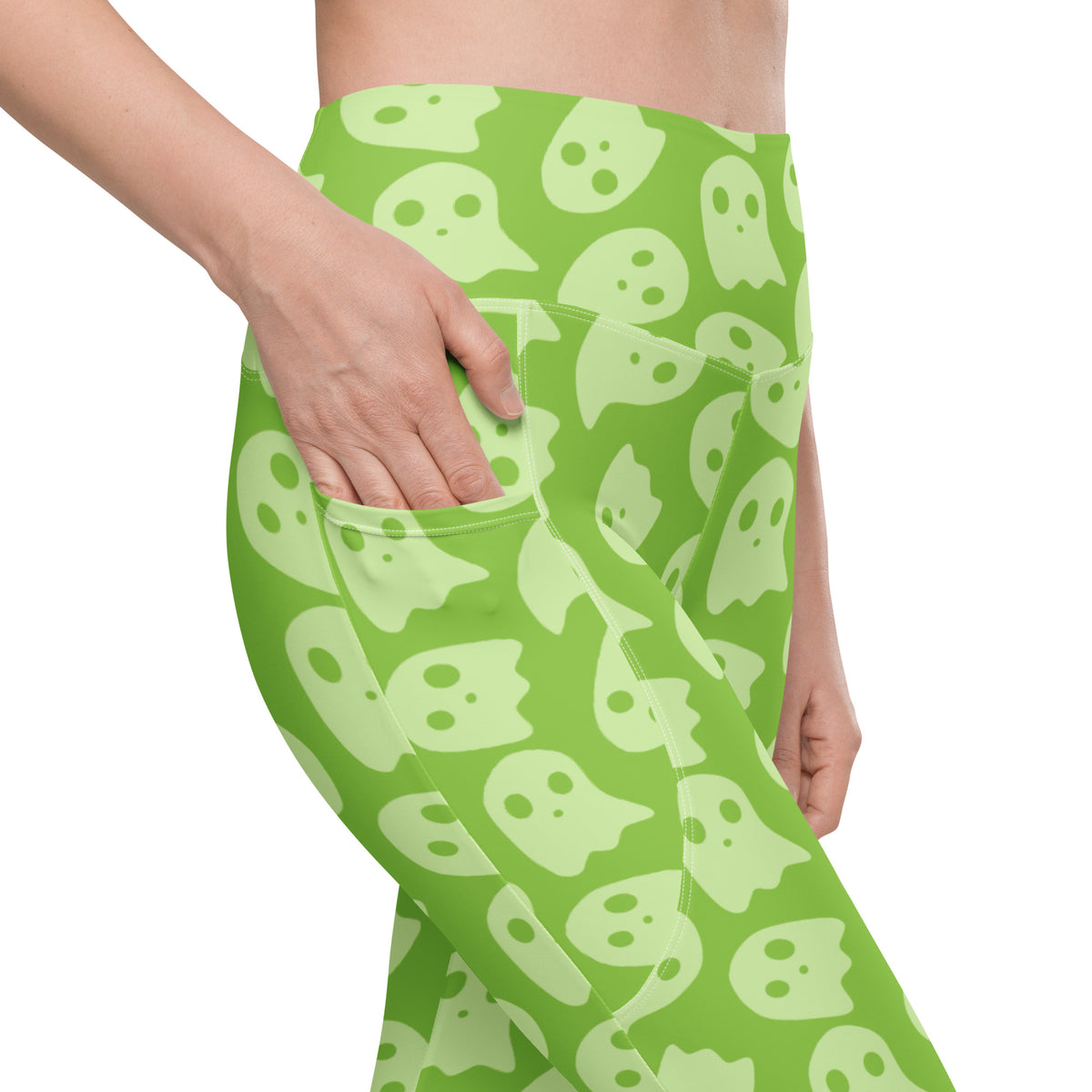 Women’s Green Ghost Halloween Yoga Leggings With Pockets – High-Waisted, Soft Compression Active Pants