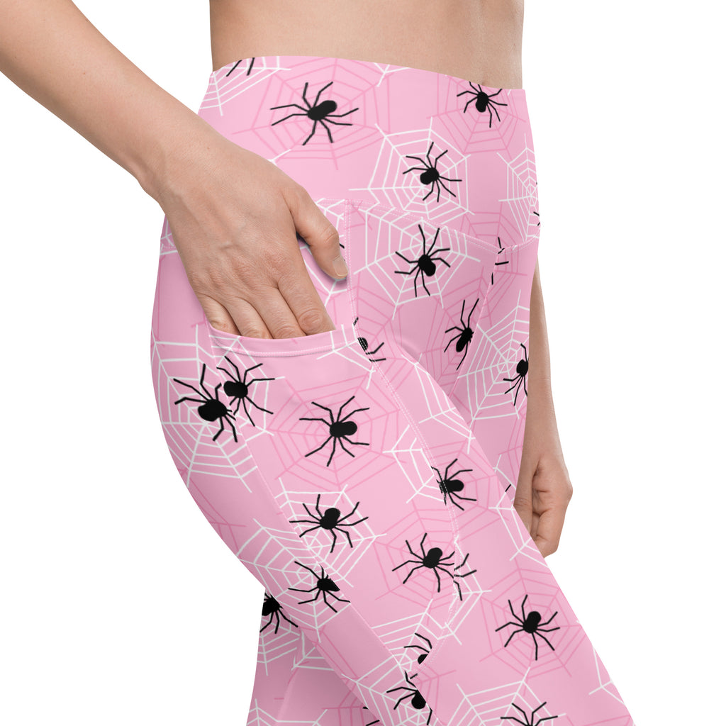 Women’s Pink Spider Web Halloween Yoga Leggings With Pockets – High-Waisted, Soft Compression Active Pants