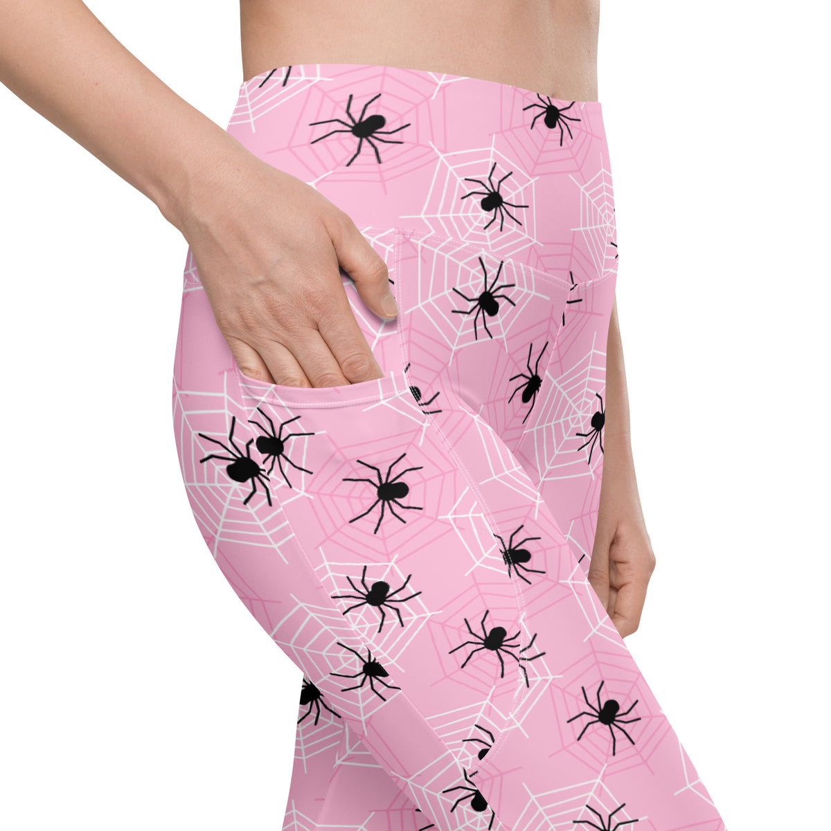 Women’s Pink Spider Web Halloween Yoga Leggings With Pockets – High-Waisted, Soft Compression Active Pants