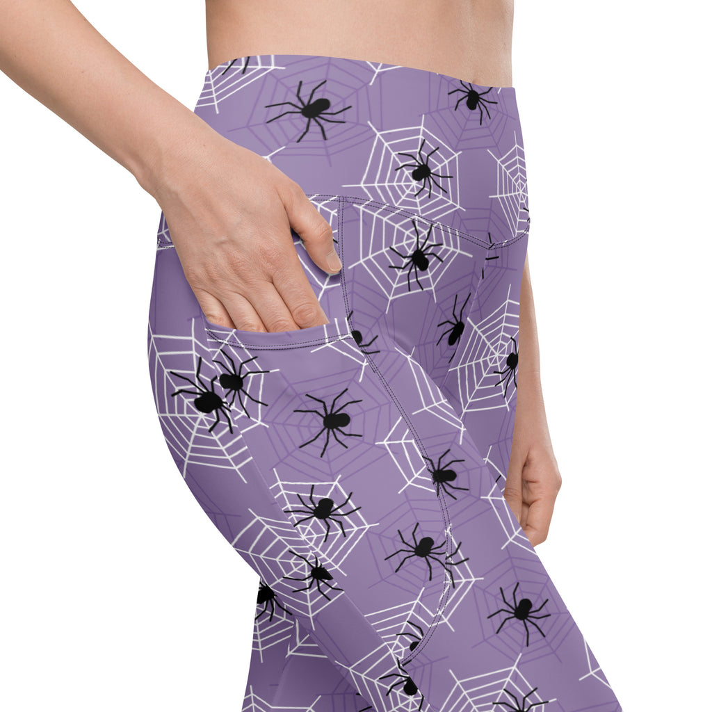 Women’s Dark Purple Spider Web Halloween Yoga Leggings With Pockets – High-Waisted, Soft Compression Active Pants