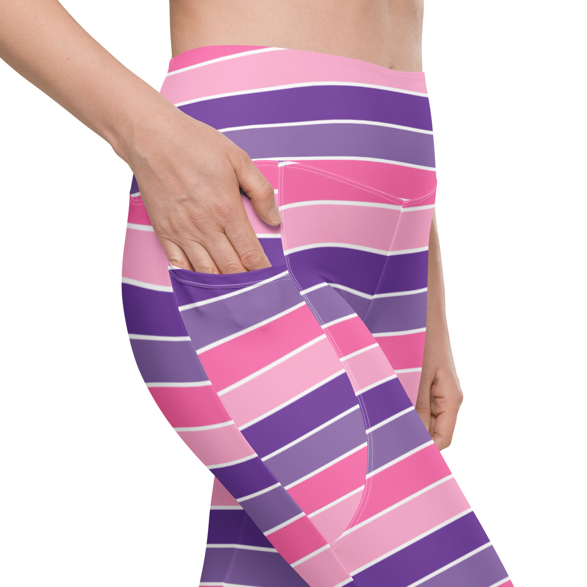 Women’s Pink & Purple Striped Yoga Leggings With Pockets – High-Waisted, Soft Compression Active Pants