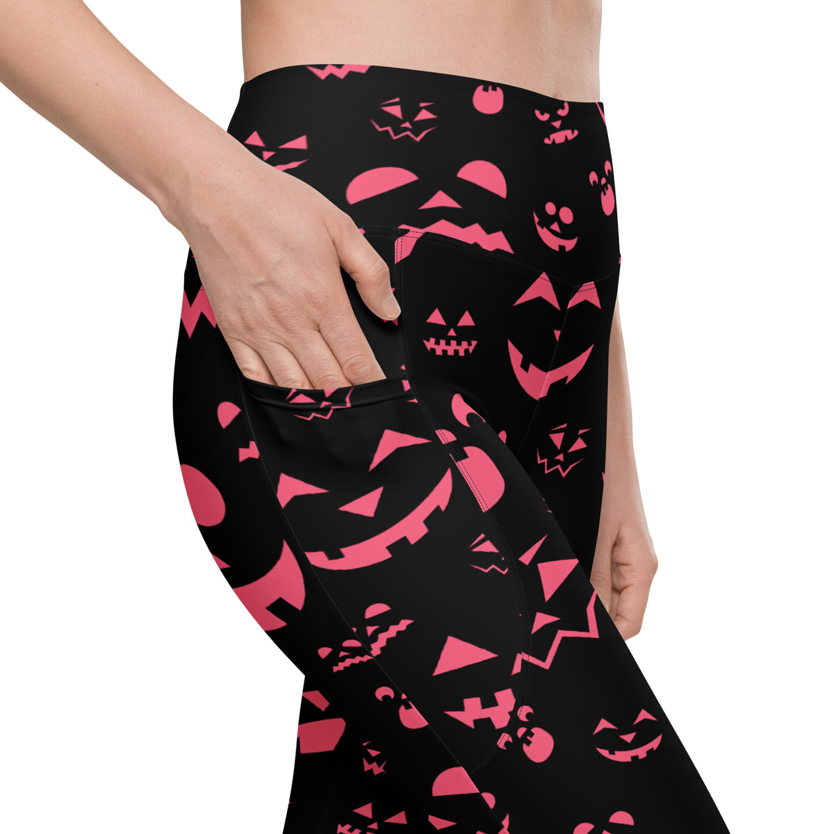 Women’s Pink Jack O’ Lantern Faces Halloween Yoga Leggings With Pockets – High-Waisted, Soft Compression Active Pants