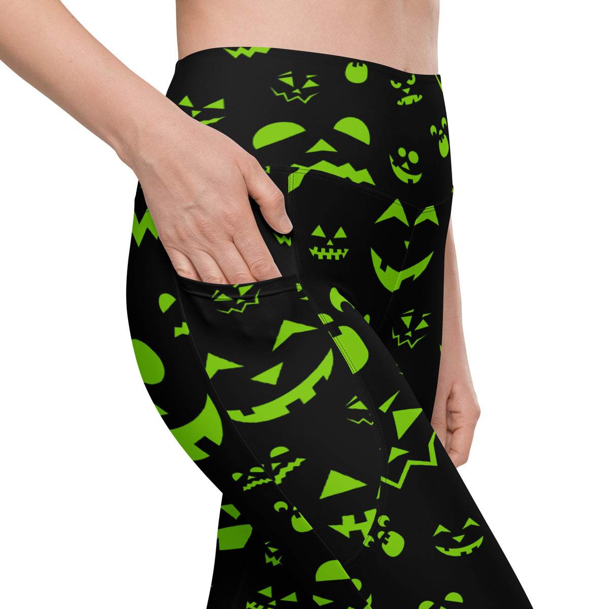 Women’s Green Jack O’ Lantern Faces Halloween Yoga Leggings With Pockets – High-Waisted, Soft Compression Active Pants