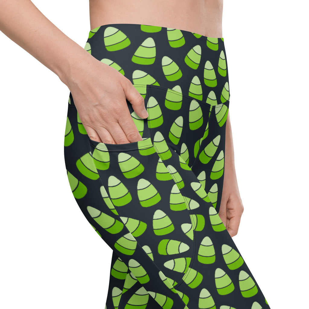 Women’s Green Candy Corn Halloween Yoga Leggings With Pockets – High-Waisted, Soft Compression Active Pants