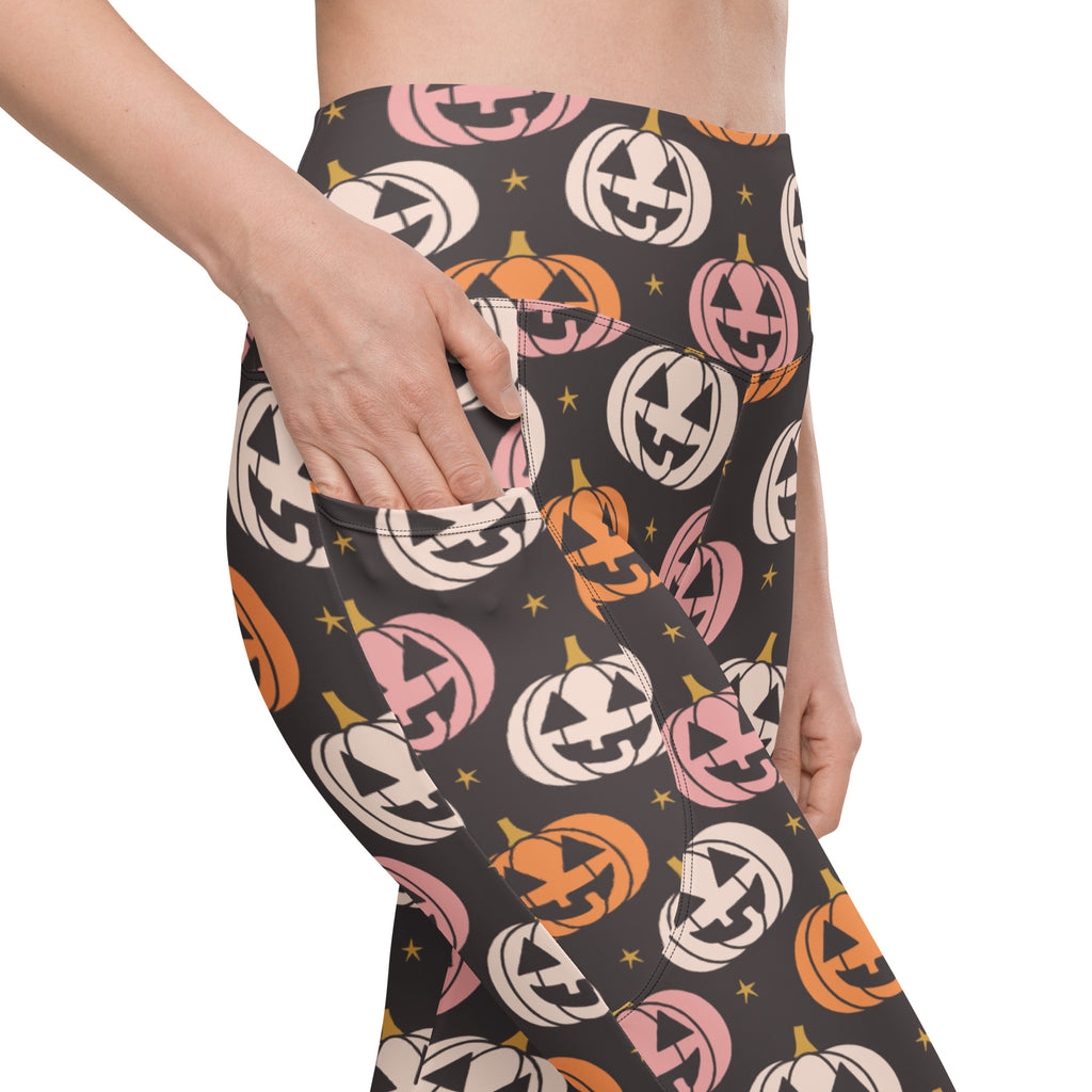 Women’s Jack-O’-Lantern Pumpkin Patch Halloween Yoga Leggings With Pockets – High-Waisted, Soft Compression Active Pants