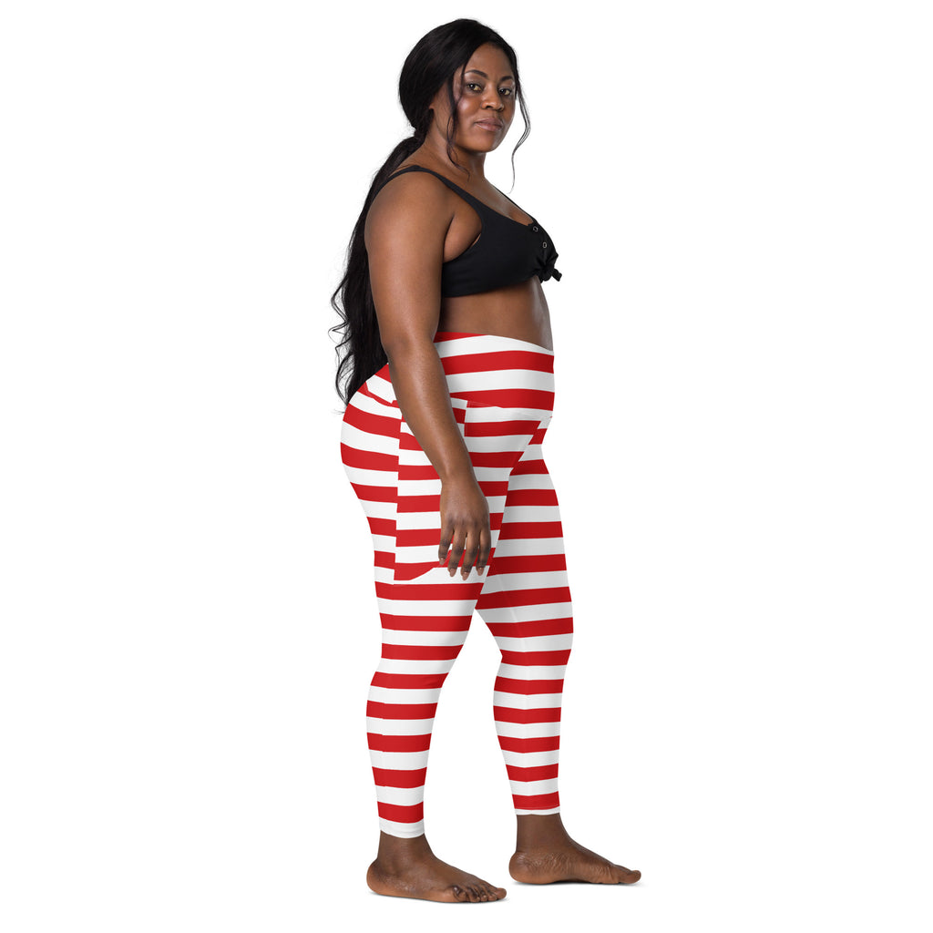 Women’s Striped Red Christmas Yoga Leggings With Pockets – High-Waisted, Soft Compression Active Pants